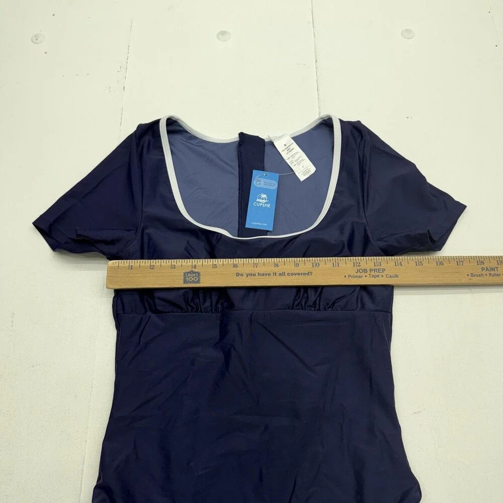 Cupshe Swimsuit Womens S Blue One Piece Short Sleeve Zip Back Lined Stretch